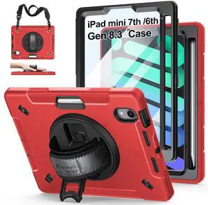 Case for iPad mini 7 (A17 Pro)/ Mini 6 8.3 INCH: TPU Cover for iPad mini 7th/6th Generation 8.3 Inch with Screen Protector- Stand + Handle + Shoulder Strap + Pencil Holder- Red