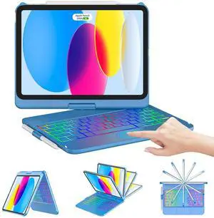 CC Store for iPad (A16) 11th 10th Generation Case with Keyboard - 7 Color Backlit 360° Swivel Multi-Touch Track Pencil Holde for iPad 11-inch A16 2025 10th Gen 10.9 Inch 2022(Blue)