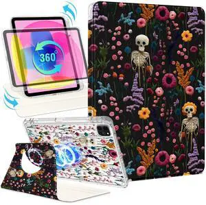 Shorogyt for iPad Air 13 Inch M3 2025 & M2 2024 /for i Pad Pro 12.9 inch (3/4/5/6th Gen) for Magnetic Stand for Women - Cute Design 360 Degree Rotating Covers Girls with Pencil Holder, Skull Flower