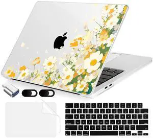 MecBevia Compatible with MacBook Air 15 inch Case, M4 A3241/M3 A3114/M2 A2941 (Released 2025 to 2023), Hard Shell, Keyboard Cover, Screen Protector, Webcam Cover & Type-C Adapter, Scatter Daisies