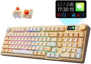 iRocks K85R Wireless RGB Backlit Mechanical Gaming Keyboard with LCD Display, Hot-Swappable Pre-lubed Brown Switches, 98 PBT Keys, USB-C Detachable Cable (Light Golden, Bubble Switch)