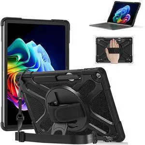 Junfire Protective Case for Microsoft Surface Pro 12 (2025), Shockproof Surface Pro12 Case with 360°Rotating Stand/Hand Strap/Stylus Holder/Shoulder Belt, Compatible with Type Cover Keyboard-Black