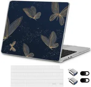 Loyrina Designed for New MacBook Air 15 inch Case A3241 A3114 A2941, Ultra-Thin Laptop Hard Shell Case for 2025 2024 2023 MacBook Air 15.3" with Keyboard Cover & USB Adapter, Gold Butterflies