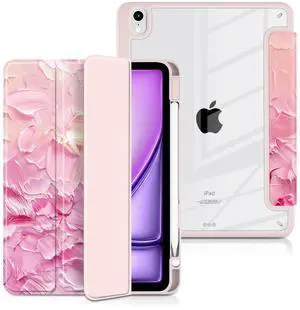 Batianda Case for iPad Air 13 inch 2025 (M3) 2024 M2 Chip [Built-in Pencil Holder] Shockproof Protective Stand Cover with Clear Transparent Back Shell Soft TPU Bumper,Auto Sleep/Wake, Pink Relief