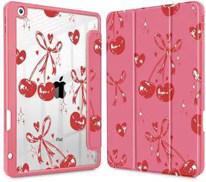 Mektron Printed Case for iPad 10.2 Inch 2021/2020/2019, for iPad 9th/8th/7th Generation Case, Buit in Pencil Holder with Shockproof Cover Clear Shell + Trifold Stand, Cherries Bows C388