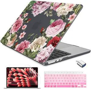 Batianda Case for New MacBook Air 13.6 inch 2025 M4 2024 2022 Release Model A3240 A3113 M3 A2681 M2, Designed Protective Hardshell Keyboard Cover and USB-C OTG Adapter, Flowers