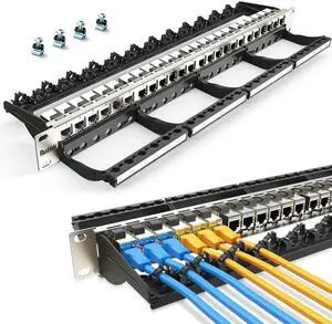 PBAEGAV Patch Panel 24 Port with Cat6A STP Keystone JackEC Listed Front Cable Rack Smart Cable Management for 19 inch Rack Mount Shielded (CAT6A Keystone Jack Shielded)
