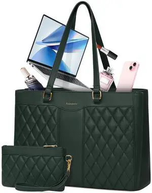 RAINSMORE Laptop Bag for Women 15.6 Inch Work Tote Bags Leather Laptop Tote Professional Laptop Purse Computer Handbag Womens Briefcase Tote with Clutch for Teacher Office Travel, Dark Green