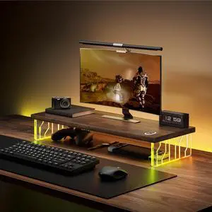 Veyro Gaming Monitor Stand For Desk with Acrylic Legs & 18-Color RGB LED Light - Gaming Monitor Riser and Wooden Monitor Stands for Monitors, Laptops & Gaming PCs  Ergonomic Acrylic Desk Riser