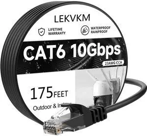 LEKVKM Cat 6 Ethernet Cable 175 ft High Speed 23AWG RJ45 Internet Cable for Outdoor & Indoor Support CAT6 Network Solid Black Computer LAN for PC175Feet