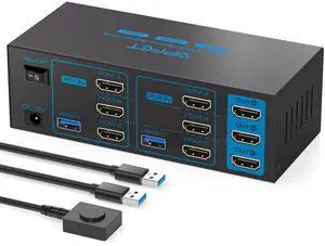 KVM Switch 3 Monitors 2 Computers HDMI 4K60Hz USB3.0 KVM Switch 2 Ports with 4 USB Ports for 2 Computers Sharing Triple Monitor and 4 USB Devices Support Extended & Copy Mode with 2 USB Cables