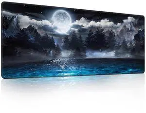 Moon Ocean Landscape Mouse Pad, Scenic Night Sky with Full Moon Mousepad - Large Non - Slip Desk Mat for Office, PC & Laptop - 31.5"x11.8" x 3mm
