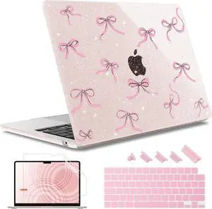 May Chen for M4 MacBook Air 15 inch Case A3241 A3114 M3 A2941 M2 2025 2024 2023 Release, Plastic Hard Shell for MacBook Air 15.3" with Retina Dispaly Fits Touch ID, Sakura Pink Glitter Bow