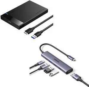 UGREEN 2.5" Hard Drive Enclosure USB 3.0 to SATA III Adapter Bundle with UGREEN Revodok 105 USB C Hub 5 in 1 Multiport Adapter