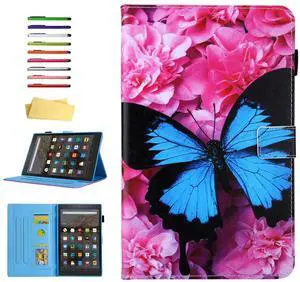 UUcovers Case for Amazon Kindle Fire HD 8 Tablet (8th/7th/6th Generation, 2018/2017/2016), Smart Auto Sleep/Wake PU Leather Magnetic Wallet Cover with Card Pocket Pencil Holder, Blue Butterfly Flower