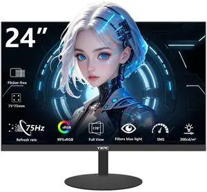 YXPC 24 inch Computer Gaming Monitor 75Hz Refresh Rate 16:9 1080P Display HDMI,VGA Ports Ergonomic Tilt Home Office Gaming Monitor Sync Visual Experience for Work & Play Support Wall Mount Install