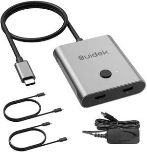 SUIDEK USB C Switch, Bi-Directional USB-C Switcher 8K@60Hz Video 1 in 2 Out/2 in 1 Out with 100W Charging and 10Gbps Data Transfer, Included 5V Power Adapter, Incompatible Thunderbolt Interface