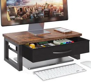 HEWORLIF Computer Monitor Stand Riser with Drawer, 2-Tier Desk Accessories & Workspace Organizers, Laptop Stand for Desk with Storage, Office Organization, Wood