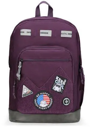 Swissdigital Design Cool Backpack, Stylish School Laptop Backpack with Fun Personalized Patches Fits 16 Inch Notebook, Travel Bag Pefect for Boys & Girls, Dark Purple | BERIKON - Includes 3 Patches