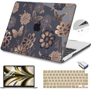 Teryeefi for MacBook Air M2 M3 M4 13.6 Case 2022 2023 2024 2025 Release A2681 A3113 A3240, Clear Hard Shell with Keyboard Cover & USB 3.0 Adapter & Screen Protector, Gold Floral Butterfly