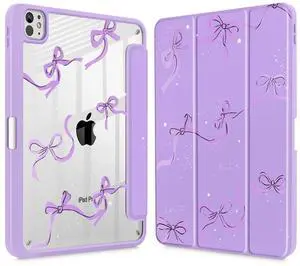 May Chen Case for iPad Pro 11-Inch M5/M4 2025/2024 (6th/5th Generation), Clear Transparent Print Back Shell Slim Stand Shockproof Tablet Cover, Auto Wake/Sleep, Purple Bows