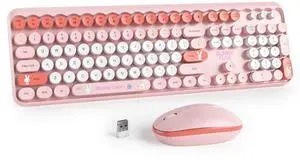 Owpkeenthy Cute Keyboard and Mouse Wireless, Colorful Keyboard Retro Typewriter Style Full-Sized with Number Pad Round Keys for Desktop, Laptop and Computerr (Bunny Pink)