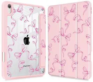May Chen Slim Case for iPad mini 7 (A17 Pro, 7th Generation) 2024 / iPad mini 6 (6th Gen) 8.3 Inch, [Built-in Pencil Holder] Shockproof Cover Clear Clear Back Shell Auto Wake/Sleep, Pink Bows P565