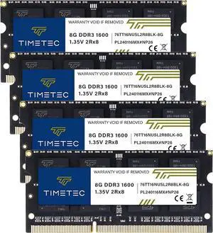 Timetec 32GB KIT(4x8GB) DDR3L / DDR3 1600MHz (DDR3L-1600) PC3L-12800 / PC3-12800 Non-ECC Unbuffered 1.35V/1.5V CL11 2Rx8 204 Pin SODIMM Laptop Notebook PC Computer Memory RAM Module Upgrade Black PCB