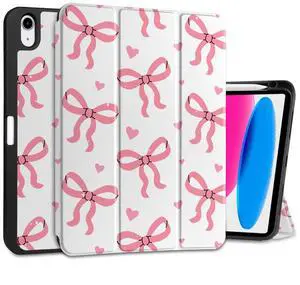 MEEgoodo Case for iPad A16 11th Generation 11 inch 2025/iPad 10th Generation 10.9 inch 2022, Tablet Cover with Trifold Stand + Pencil Holder + Auto Wake/Sleep + Soft TPU Back Cover, Pink Bows