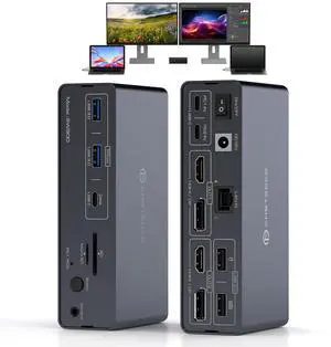 USB C KVM Switch Docking Station for 2 Montors 2 Laptops or MacBook with Displaylink,14-in-1 Thunderbolt Docking Station Support Extended/Copy Mode with 4K@60Hz HDMI and Displayport Dual Display Out