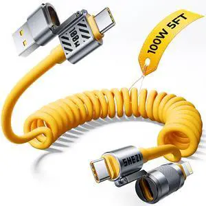 Jixivor Coiled Cable 4-in-1 USB C Cable 100W Compatible with Lightning Cable Fast Charging & Data Transfer, Support to CarPlay & Android Auto, 5FT Multi Cord Combo Charger for iPhone/iPad