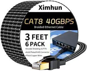 Ximhun Cat 8 Ethernet Cable 3FT 6Pack, High-Speed Braided Internet Cable Network Cord with RJ45 Connector 40Gbps 2000Mhz Heavy Duty LAN Cable Shielded Indoor
