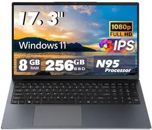 17 inch Laptop Computers,12th Generation Processor N95 4C 4T(Up to 3.4Ghz),8GB DDR4 RAM 256GB SSD,1920*1080,10000mAh Large battery,Type-C(Data), WiFi5,BT,RJ45,Dual Stereo Speakers, Backlit Keyboard