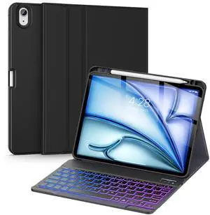 Supveco Keyboard Case for iPad Air 11 Inch (M3 2025,M2 2024),iPad Air 5th/4th Generation with Pencil Holder-7 Colors Backlit Wireless Detachable Folio Keyboard Cover with Soft TPU Back-Black