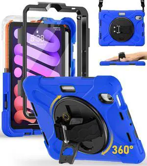BRAECN for iPad mini 7(A17 Pro)/ 6 case 2024/2021 8.3 inch Heavy Duty Shockproof Protective with Pencil Holder Screen Protector 360°Rotating Stand Handle Full Body Cover Shoulder Strap Kids Friendly
