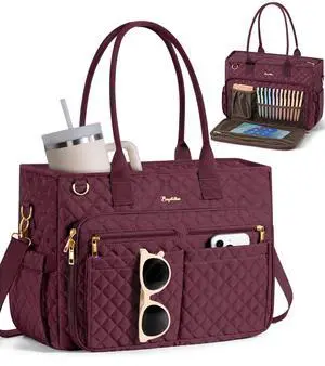 Teacher Tote Bags for Women, 15.6 inch Laptop Work Tote Nurse Bible Bag With Large Cup Holder & Insulated Pocket Quilted Shoulder Handbag Laptop Briefcase for Work, Daily, School, Travel, Gifts