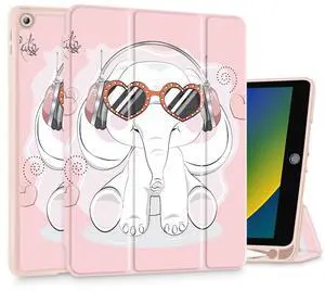 Tuiklol Case for iPad 10.2 Inch 2021 2020 2018 Release 9th / 8th / 7th Generation, Built-in Pencil Holder TPU Protective Stand Back Cover Trifold Stand-Auto Wake/Sleep, Lovely Elephant-Pink
