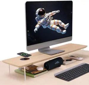 SUIBIAN White Monitor Stand Riser with Wireless Charging 31.5Inch Large, Computer Monitor Stand,Wooden Desktop Organizer Shelf for Office Desk Computer,Laptop,TV (White Oak)