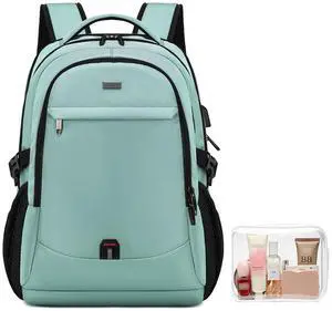 DUSLANG 17 Inch Laptop Backpack for Travel Water Resistant College Backpack for Men/Women Laptop Bag with USB Charging Port and Clear Cosmetic Toiletry Bag, Green A