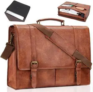 ESTARER Men's Messenger Bag for 15.6 Inch Laptop, Water-resistant Vintage Pu Leather Briefcase with Laptop Sleeve, Large Satchel Bag Computer Shoulder Bag for Work/Travel/College (2Pcs, Brown)