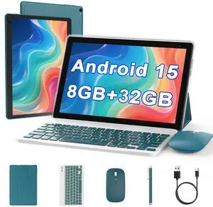Android 15 Tablet 10 inch, 2 in 1 Tablet with Keyboard. 8GB RAM+32GB ROM Support 1TB Expandable Tablets PC, Quad-Core CPU, HD Screen, BT, WiFi, Long Battery Life Tablets with Case Mouse Stylus, Navy
