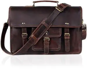 18-Inch Premium Leather Messenger Bag for Men & Women - Leather Laptop Bag, Crossbaody Bag, Handbag, Shoulder Bag, Travel Bag (Unisex Messenger Dark Brown)