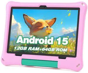 Kids Tablet, 10.1 Inch Android 15 Tablet for Kids, 12GB+64GB, Octa-Core, 6000mAh Battery, WiFi 6, Pre-Installed Kids Apps, Parental Control, with EVA Protective Case  Ideal Gift for Toddler (Pink)