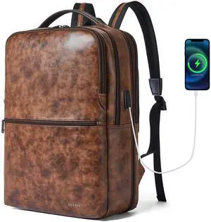 Vegan Leather Laptop Backpack for Women&Men,16 Inch Expandable Backpack with USB Charging Port,Two-toned Brown
