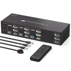 PVBCTCSID 8K 2 Displayport HDMI KVM Switch 3 Monitors 3 Computers 4K144Hz Triple Monitor KVM for 3 PC Sharing 3 Screens and 4 USB 3.0 Port with Controller