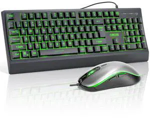 Large Print Gaming Keyboard and Mouse Combo, Quiet Keyboard with Red-Yellow-Green Backlit, Wrist Rest, Oversized Letters Keys, USB Wired, LED Keyboard with mice Set for Windows,PC, Laptop - Black