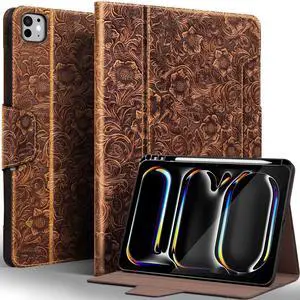 Gexmil Genuine Leather Case for iPad Pro 13 Inch (M5/M4) 2025/2024 with Pencil Holder,Magnetic Closure,Protective Shockproof Smart Leather Folio Cover Adjustable Stand Auto Sleep/Wake,Floral Brown