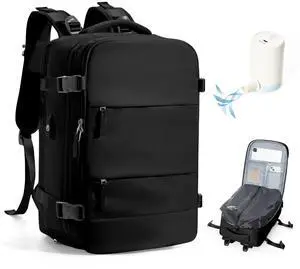 WEPLAN Vacuum Backpack Travel with Pump,Large Travel Backpack with Vacuum System,Mochila compresion al vacio,Flight Approved 18x14x8,Waterproof Carry on Personal Item Laptop Backpacks,Black