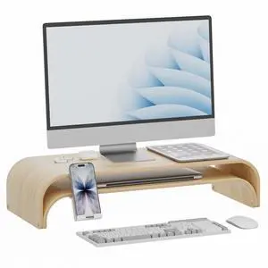 ERGO COLLECT Solid Wood Dual Monitor Stand Riser 2 Tier, 24.1 Inch Desktop Organizer with Phone Holder, Ergonomic Computer Stand, Multifunctional Desk Shelf for Laptop, PC, Printer, Supports Up to 110