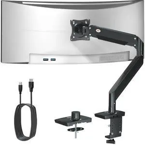 Ultrawide Monitor Arm for 22-43 inch, Heavy Duty Computer Monitor Mount Holds 33lbs, Adjustable Gas Springs Single Desk Mount Stand with USB, Clamp, Grommet Base, VESA Mount 75 / 100mm, Black